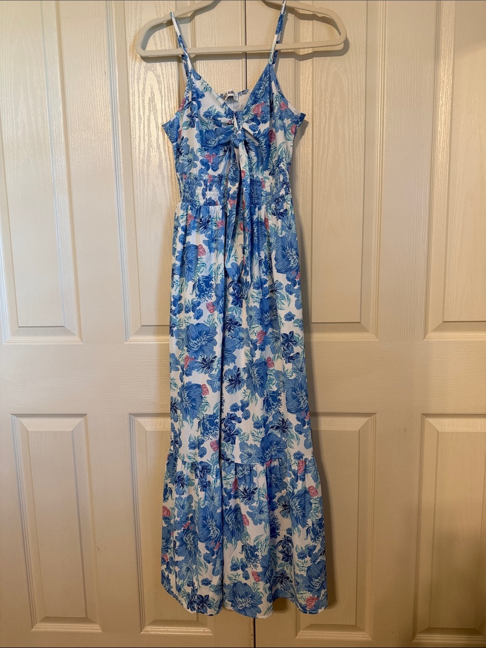 Grace Karin White Maxi Dress with Blue Floral and Pink Accents